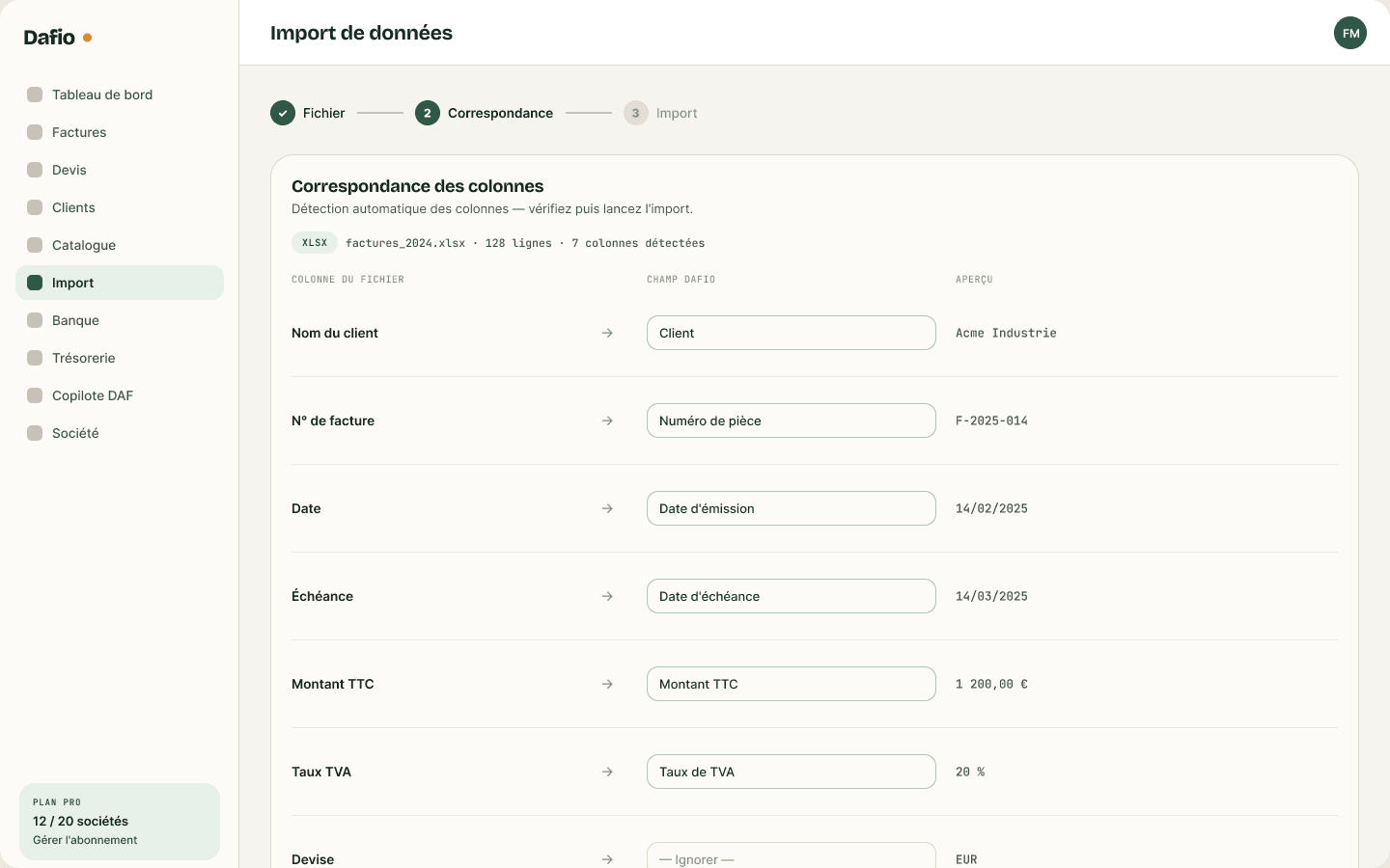 Import Dafio depuis Excel/CSV : colonnes détectées, erreurs signalées, doublons évités.