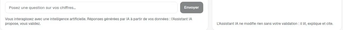 Écran réel du Copilote de Dafio : la zone de question et ses deux règles, l'assistant propose et vous validez, il ne modifie rien sans votre validation.