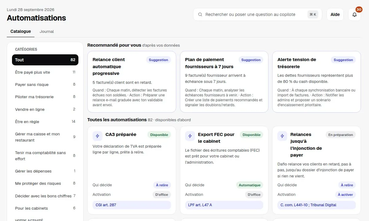Écran réel de Dafio : Catalogue des automatisations, avec le compte de démonstration.