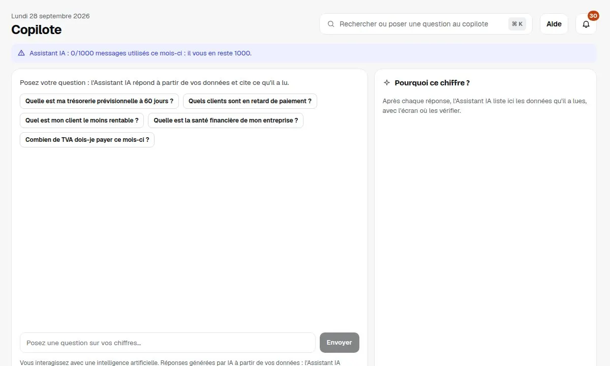 Écran réel de Dafio : Copilote, avec le compte de démonstration.
