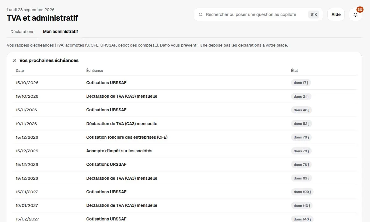 Écran réel de Dafio : Mon administratif, vos prochaines échéances, avec le compte de démonstration.