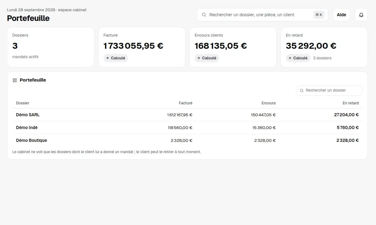 Écran réel de Dafio : Espace cabinet, portefeuille, avec le compte de démonstration.