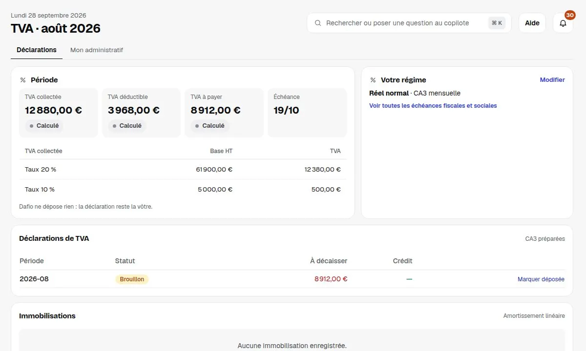 Écran réel de Dafio : TVA, avec le compte de démonstration.